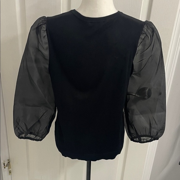 Adrianna Papell  Black V Neck Sweater Knit Top with 3/4 Sheer Sleeves Sz M - Picture 6 of 13